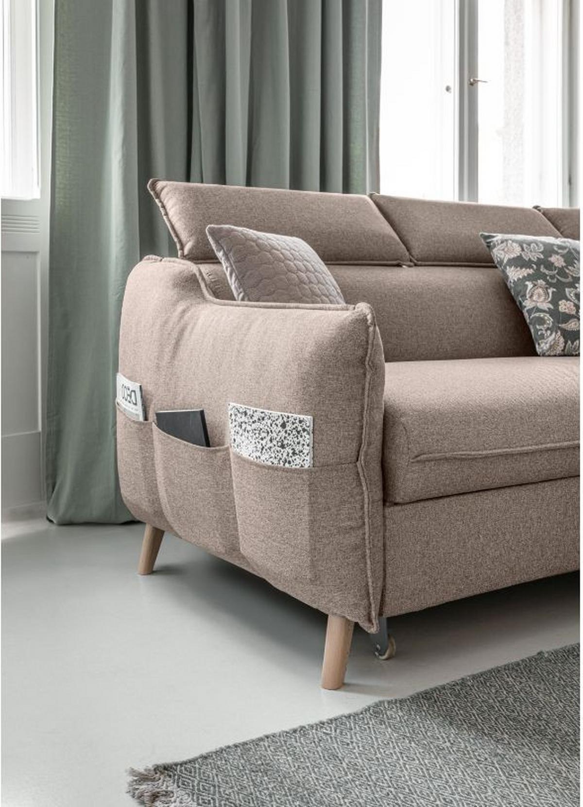 Rozkládací sedačka Simone, pravé provedení - přírodní barvy/béžová, Moderní, dřevo/textil (253/82/95/208cm)