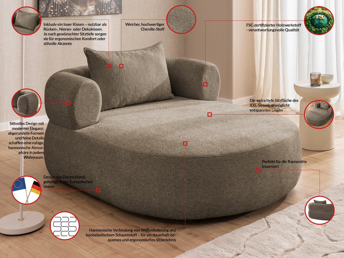 XXL-Sessel Ferro Braun B: 122 cm - Schwarz/Braun, Design, Textil (122/76/156cm) - Livetastic