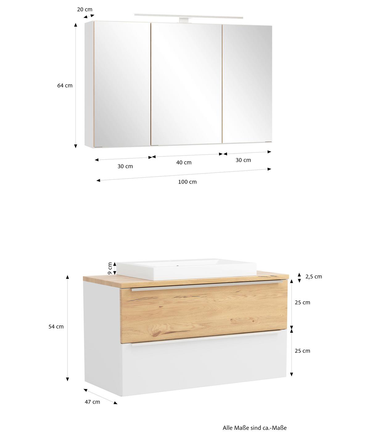 Badezimmer Verona Weiß/Wildeiche 3-Teilig - Wildeiche/Weiß, Trend, Glas/Holzwerkstoff (100/200/47cm) - Held