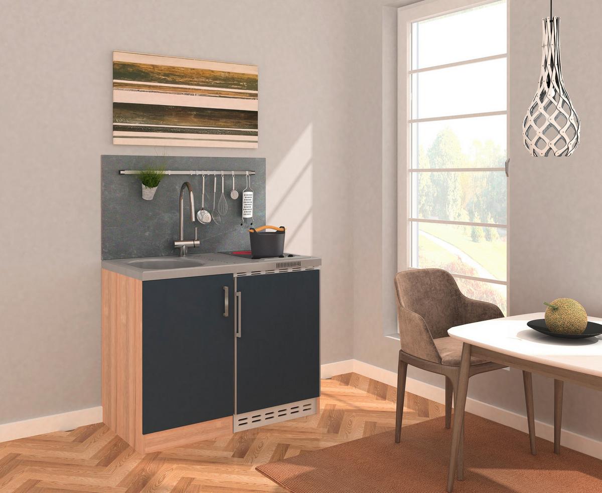Miniküche mit Kühlschrank + Kochfeld 100 cm Grau/Eiche - Edelstahlfarben/Eichefarben, MODERN, Holzwerkstoff/Metall (100cm) - Respekta