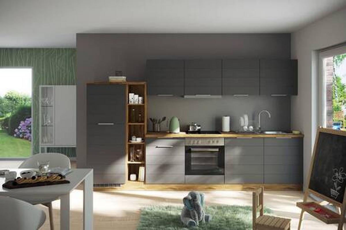 Küchenzeile Florenz mit Geräte B: 330 cm Grau/Eiche Dekor - Eiche Wotan/Grau, Design, Holzwerkstoff (330cm) - Held