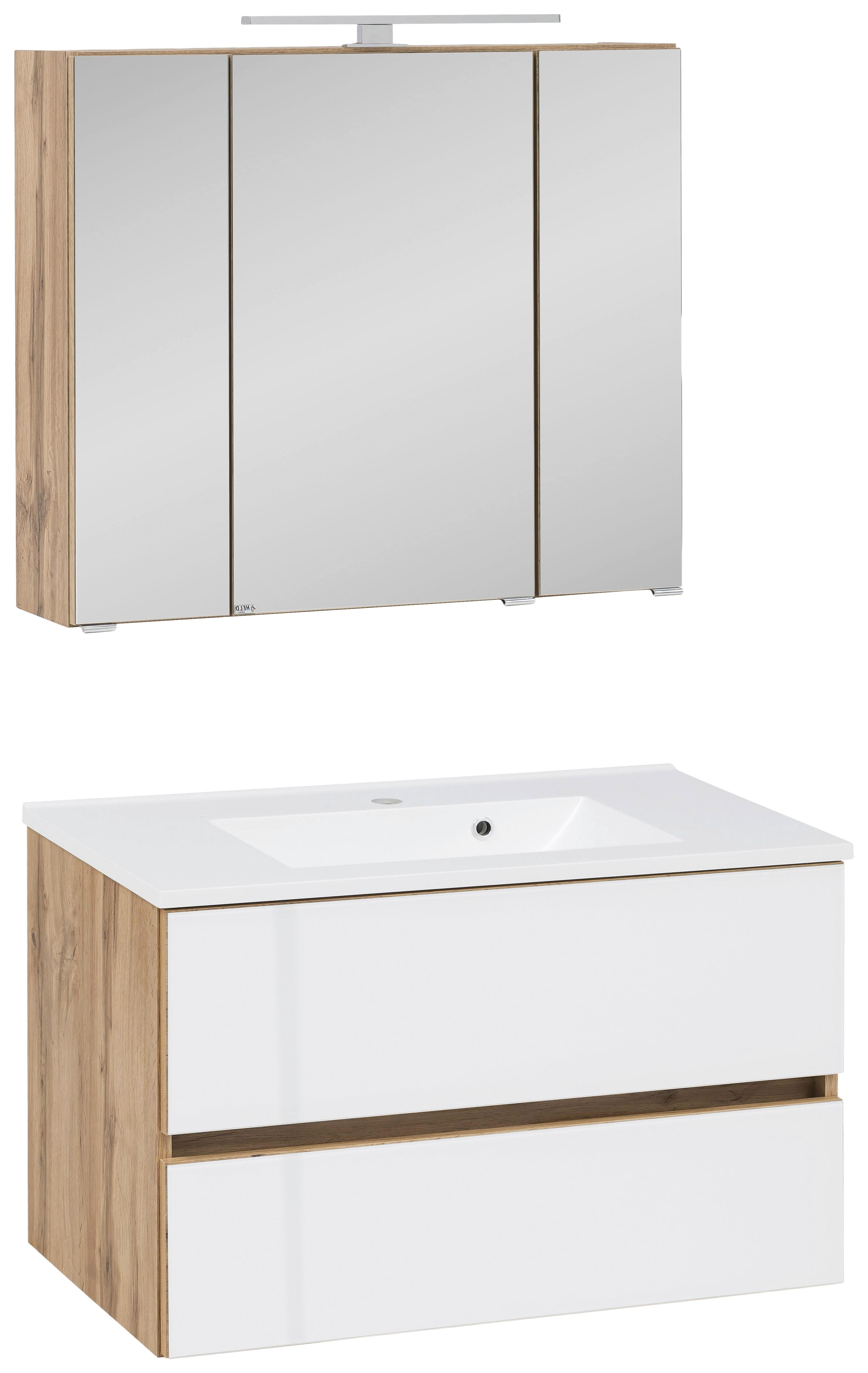 Badmöbel-Set 3-Tlg. inkl. LED Helsinki B: 80 cm, Weiß/Eiche - Eichefarben/Weiß, KONVENTIONELL, Glas/Holzwerkstoff (80cm) - Held