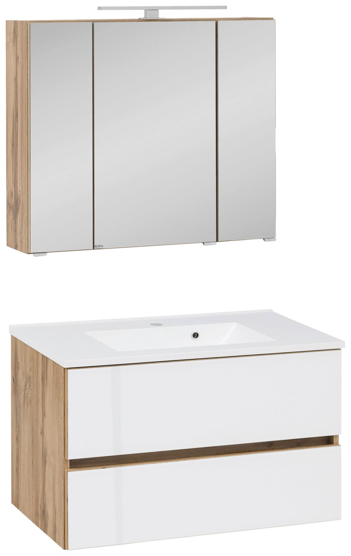 Badmöbel-Set 3-Tlg. inkl. LED Helsinki B: 80 cm, Weiß/Eiche - Eichefarben/Weiß, KONVENTIONELL, Glas/Holzwerkstoff (80cm) - Held