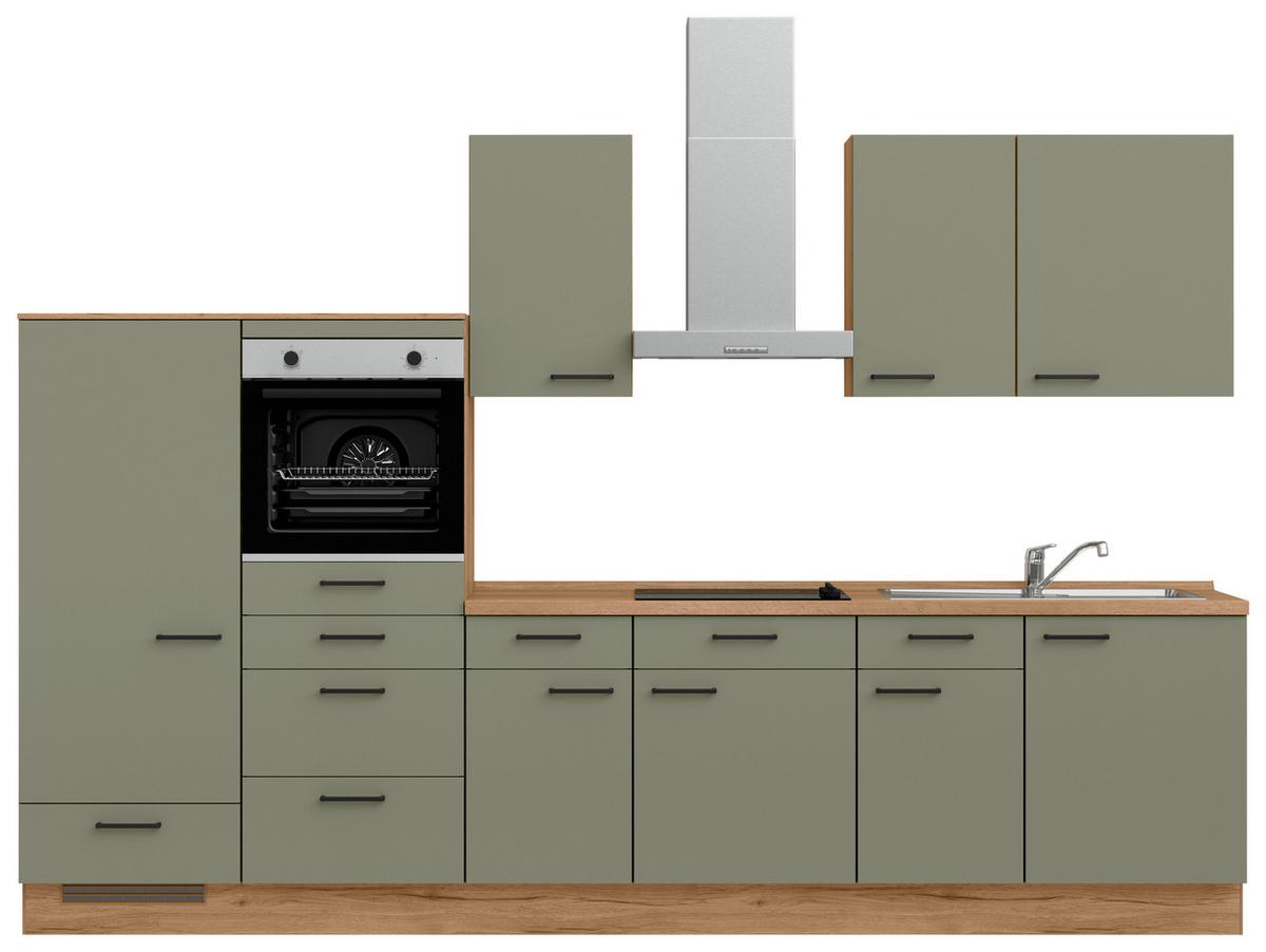 Kuchyňská linka 330 cm, olivově zelená - barvy dubu/černá, Moderní, kov/kompozitní dřevo (330cm) - Nobilia