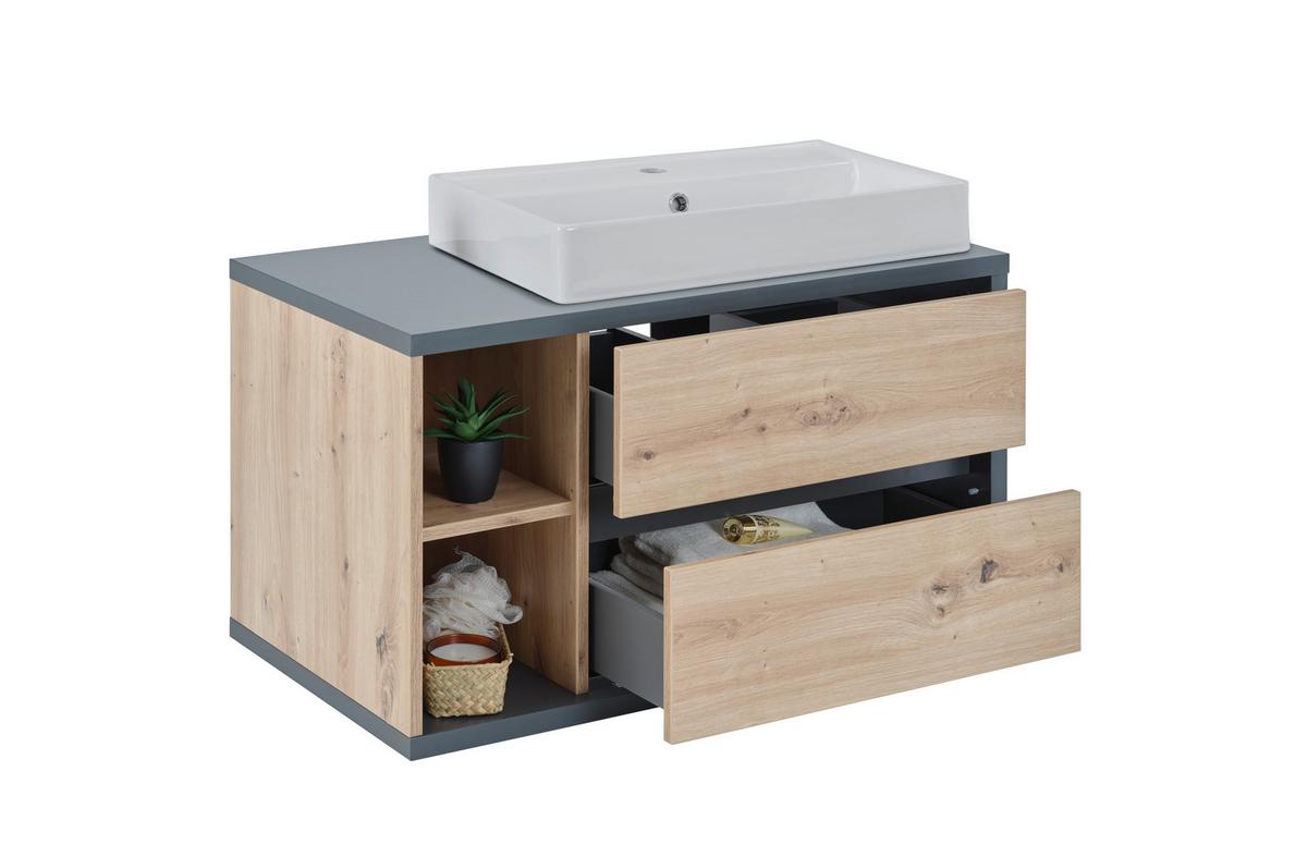Waschbeckenunterschrank Camillo B: 80 Cm, Eichefarben - Weiß Hochglanz/Anthrazit, MODERN, Keramik/Holzwerkstoff (80/48/46cm)