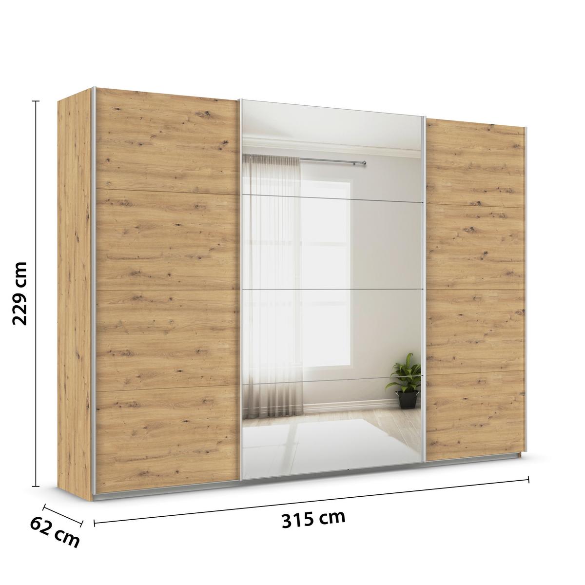 Schwebetürenschrank + Spiegel B: 315cm Feldkirch Eiche Dekor - Silberfarben/Eiche Artisan, MODERN, Holzwerkstoff (315/229/62cm)