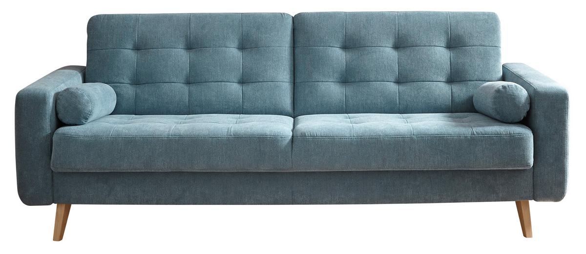 Schlafsofa Mit Bettkasten Und Kissen Fjord, Webstoff - Blau/Eichefarben, MODERN, Textil (222/86/90cm) - MID.YOU