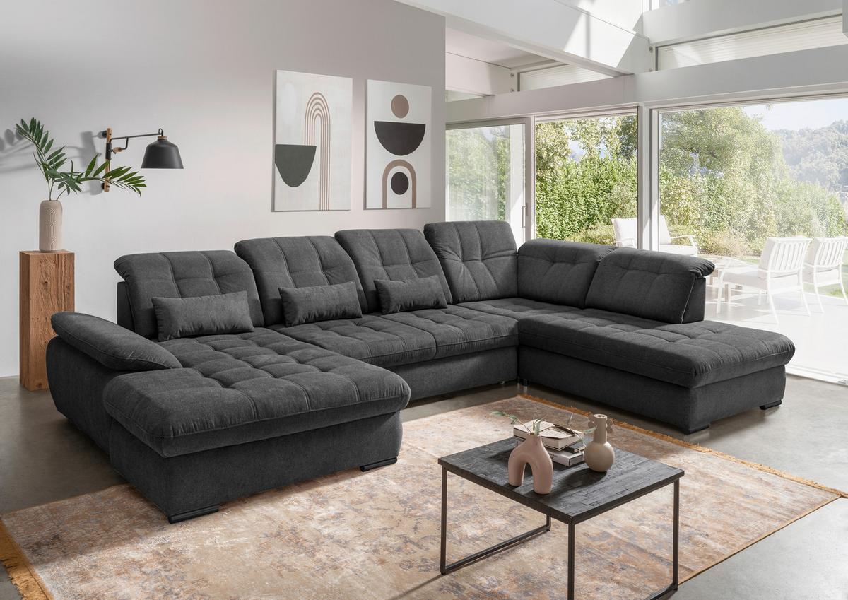 Wohnlandschaft Rigatti Mit Schlaffunktion Anthrazit - Anthrazit/Schwarz, MODERN, Textil (184/387/252cm) - Livetastic