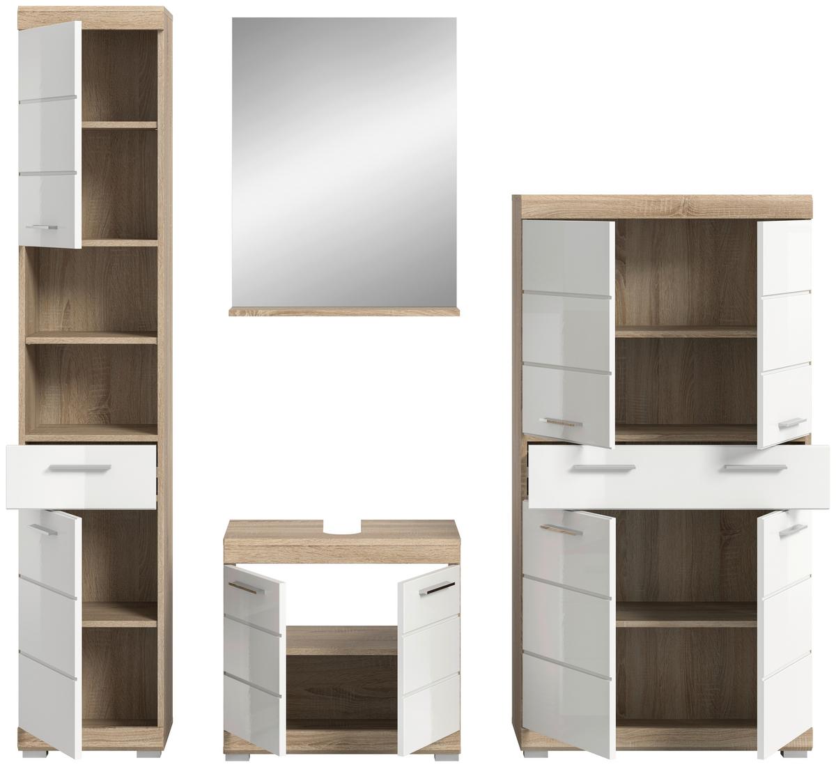 Badezimmer Lambada Eiche Dekor/Weiß B: 171 cm - Weiß Hochglanz/Silberfarben, MODERN, Glas/Holzwerkstoff (171cm) - MID.YOU