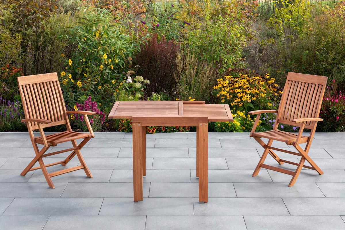 Gartentischgruppe Comodoro 3 -Teilig. Naturfarben - Eukalyptusholzfarben, KONVENTIONELL, Holz - Gardenson