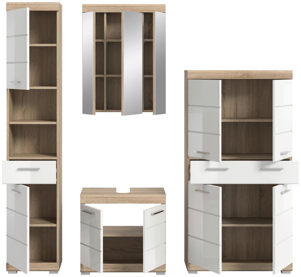 Badezimmer Lambada Eiche Dekor/Weiß B: 171 cm - Weiß Hochglanz/Silberfarben, MODERN, Glas/Holzwerkstoff (171cm) - MID.YOU