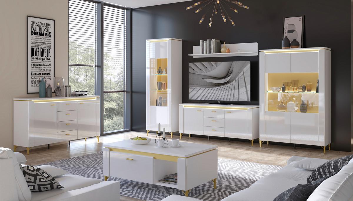 Sideboard Lazio Weiß B: 155,3 cm - Weiß Hochglanz/Goldfarben, Trend, Holzwerkstoff (155,3/87,3/40cm)