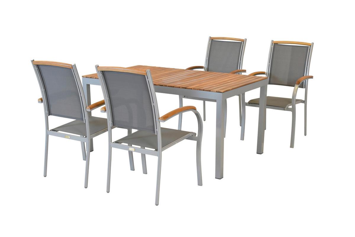 Gartentischgruppe Siena 5-Tlg. Aus Akazie, In Grau - Silberfarben/Naturfarben, KONVENTIONELL, Holz/Textil - Gardenson