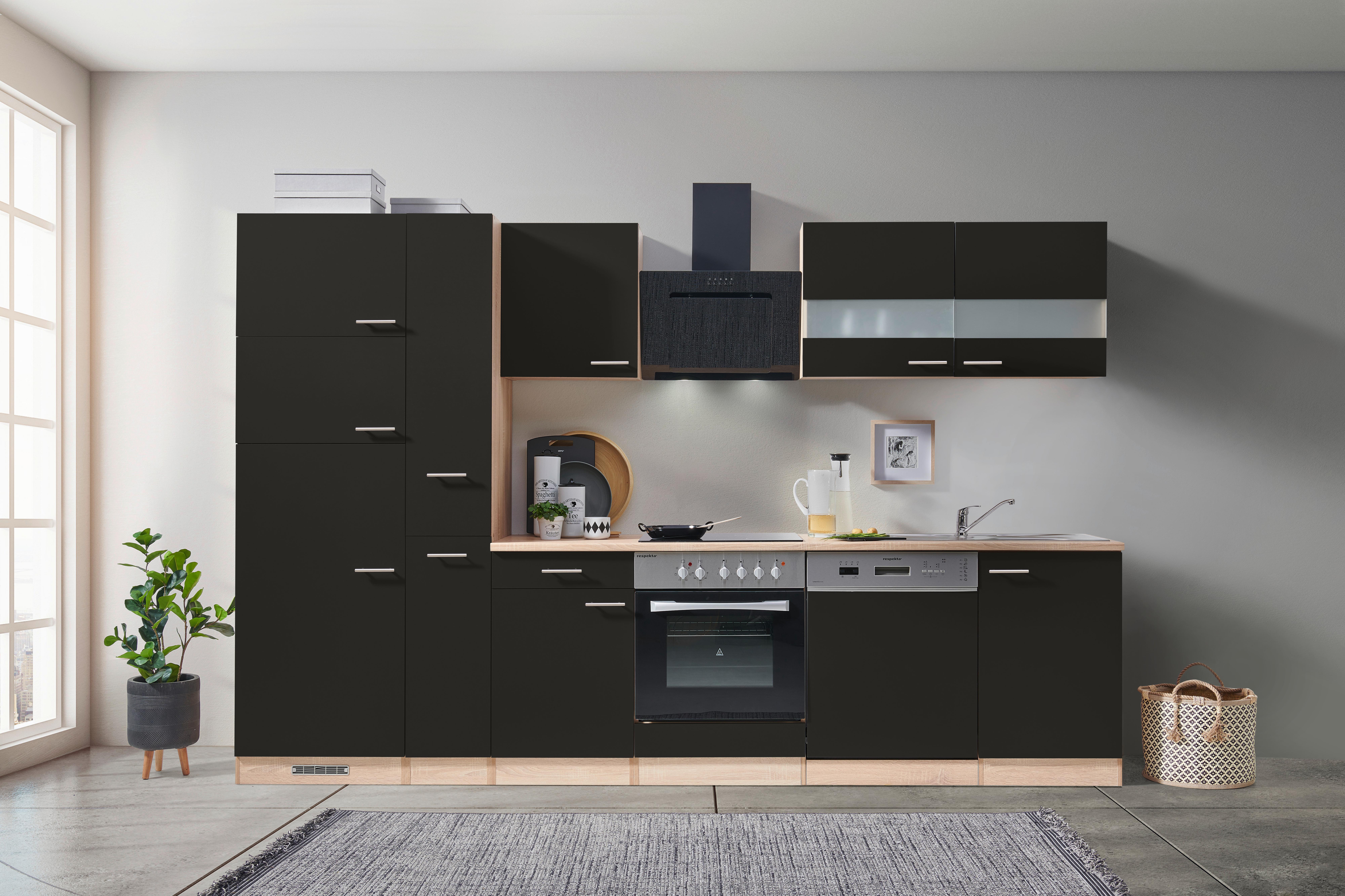 Küchenzeile Economy mit Geräten 310 cm Schwarz/Eiche Dekor - Eichefarben/Schwarz, Basics, Holzwerkstoff (310cm) - Respekta