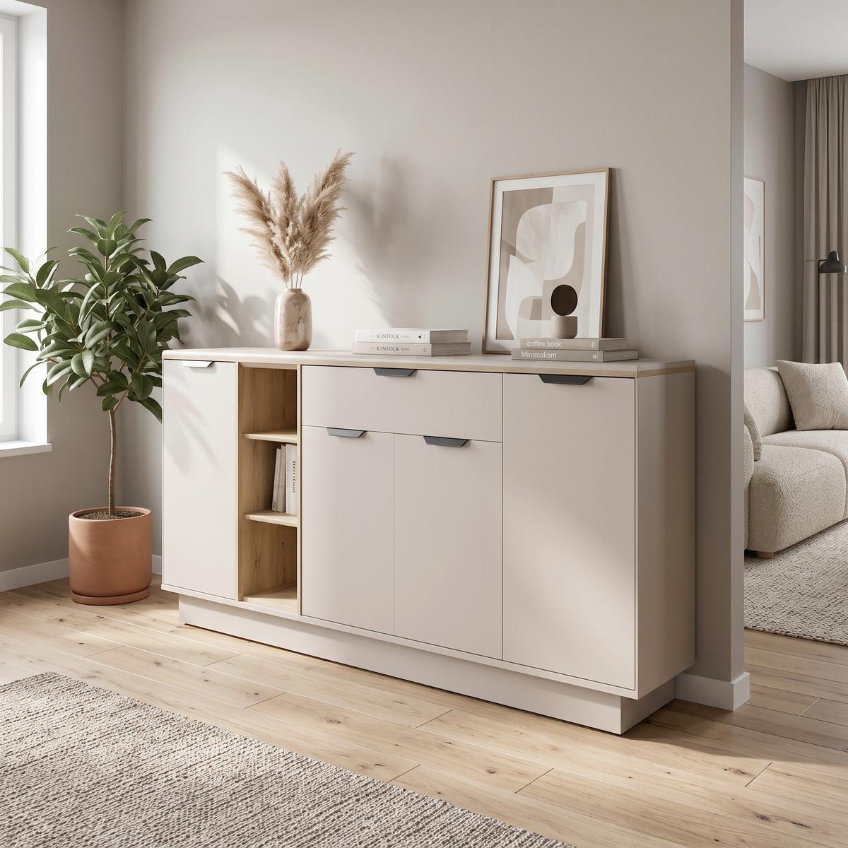 Sideboard Darius Eiche Artisan/Kashmir,B:171cm - Kaschmir/Schwarz, Trend, Holzwerkstoff (171,4/87,4/37cm)