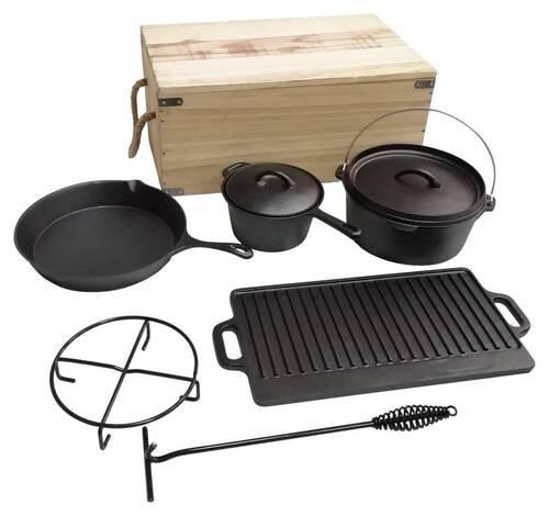 Dutch-Oven-Set Gusseisen in Holzbox - Schwarz, Basics, Metall (55/34/24cm)
