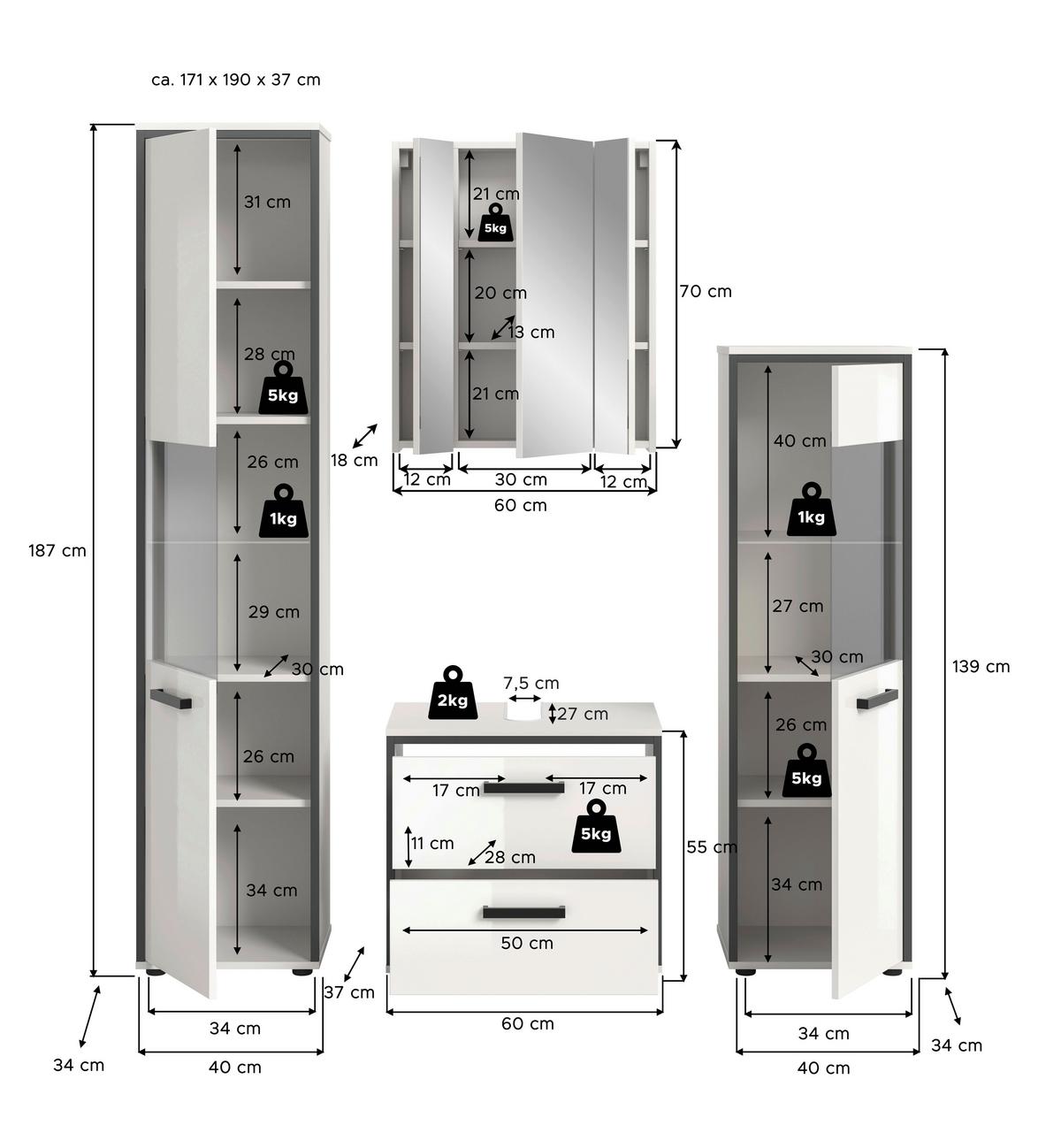 Badezimmer Kojak Schwarz/weiß K: 140 Cm - Weiß Hochglanz/Schwarz, MODERN, Holzwerkstoff (140cm) - MID.YOU