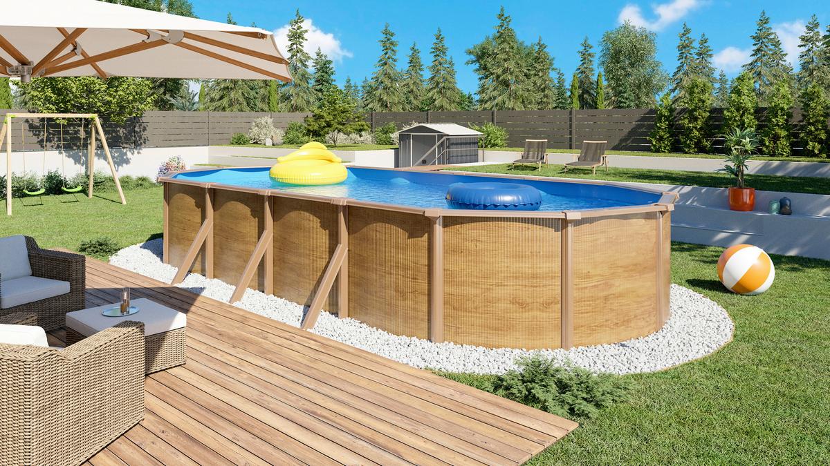 Pool Set Steely De Luxe Wood 3-teilig, Laufruhige Pumpe - Hellbraun/Hellblau, Basics, Metall (760/390/120cm)