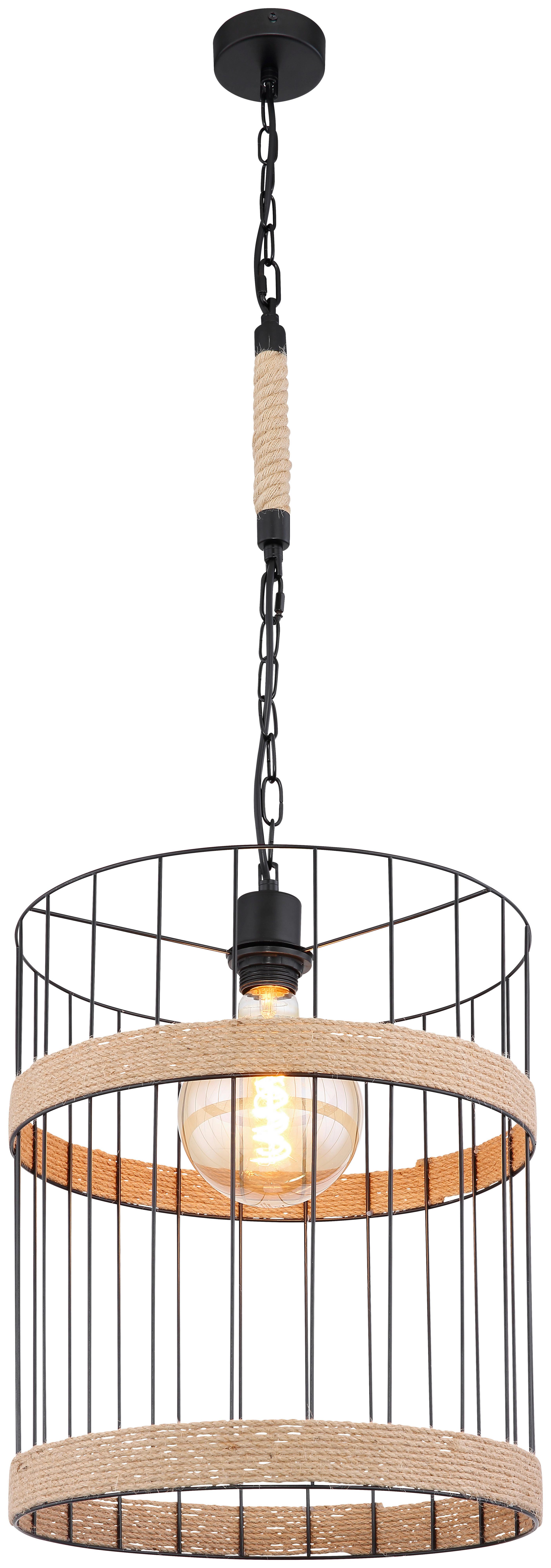 Hängeleuchte Halia H: 145 Cm 1-Flammig, Mit Hanfseil - Schwarz/Braun, Natur, Naturmaterialien/Metall (35/145cm) - Globo