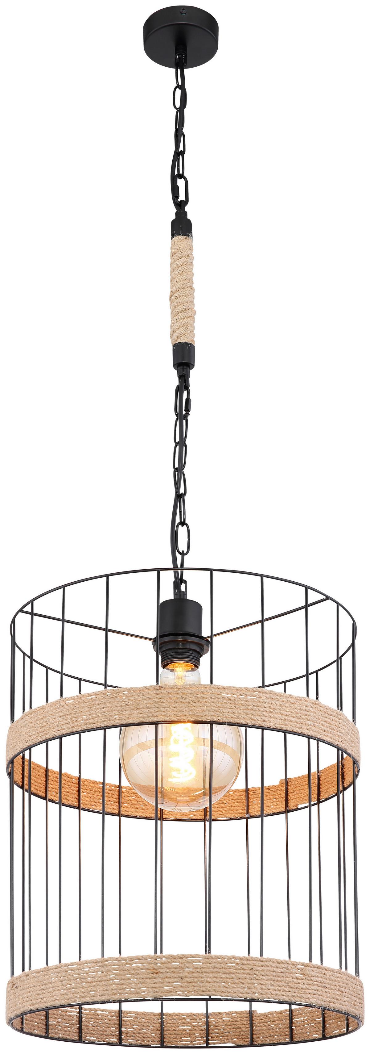 Hängeleuchte Halia H: 145 Cm 1-Flammig, Mit Hanfseil - Schwarz/Braun, Natur, Naturmaterialien/Metall (35/145cm) - Globo