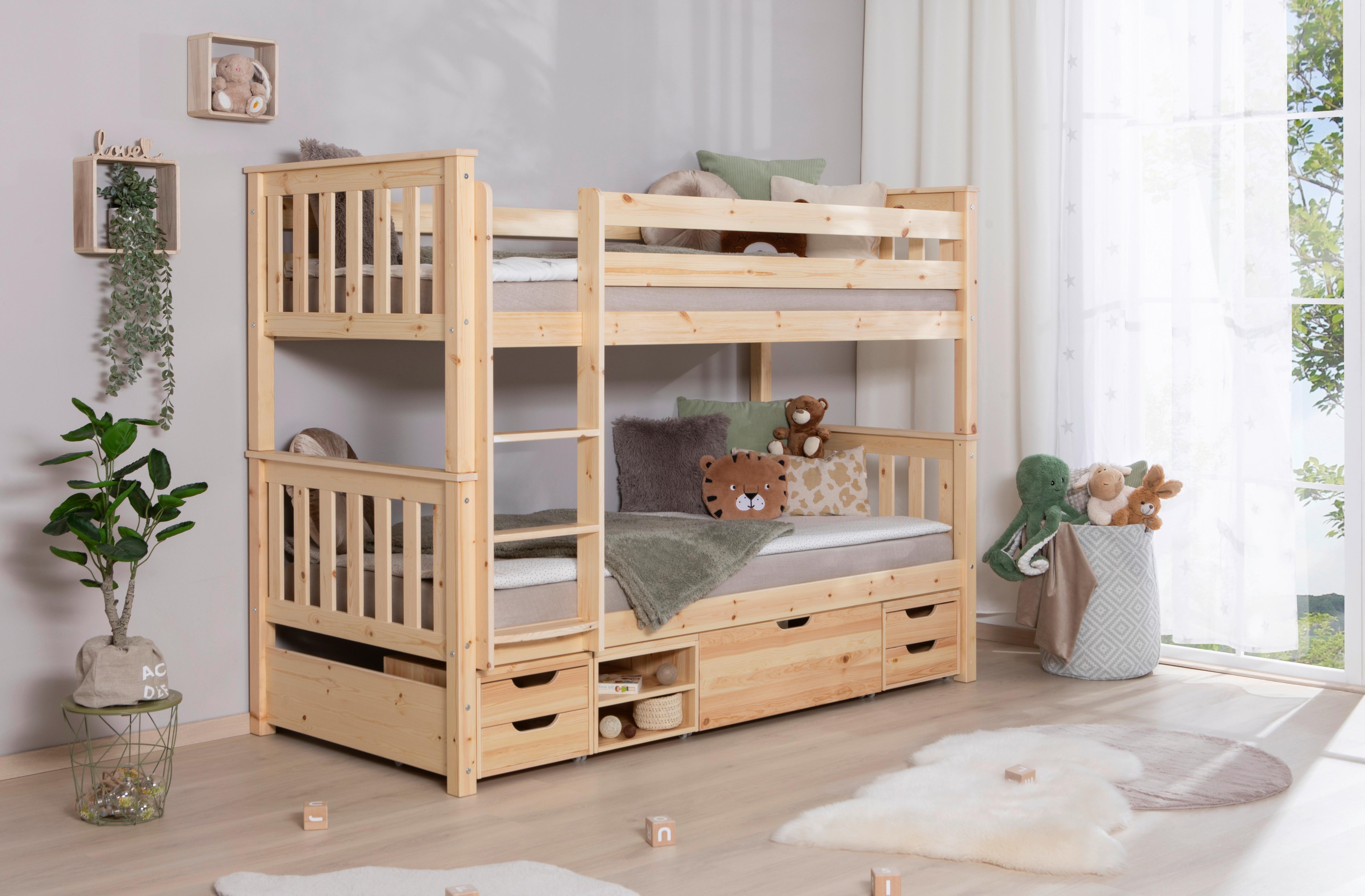 Etagenbett Sammy Kiefer Massiv 90 cm mit Bettkasten + Leiter - Naturfarben, MODERN, Holz (90/200cm) - MID.YOU