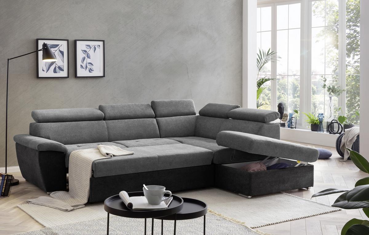 Ecksofa Mit Schlaffunktion Antero Und Bettkasten Grau - Chromfarben/Dunkelgrau, Design, Textil (262/216cm) - Livetastic