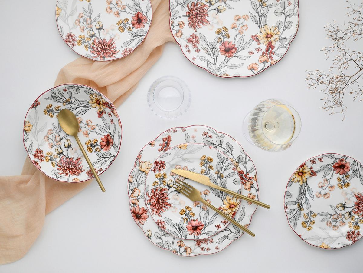 Tafelservice Fiore 12--Teilig., Weiß, Bordeaux - Bordeaux/Weiß, Basics, Keramik - Creatable