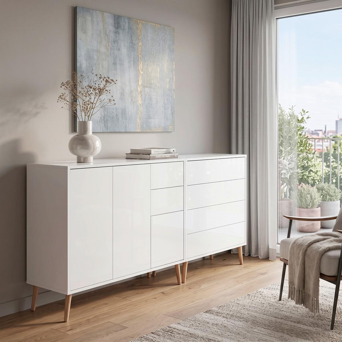 SIDEBOARD Mailand 9 B. 184,5 cm Weiß - Weiß Hochglanz/Weiß, MODERN, Holzwerkstoff (184,5/86/33cm) - MID.YOU