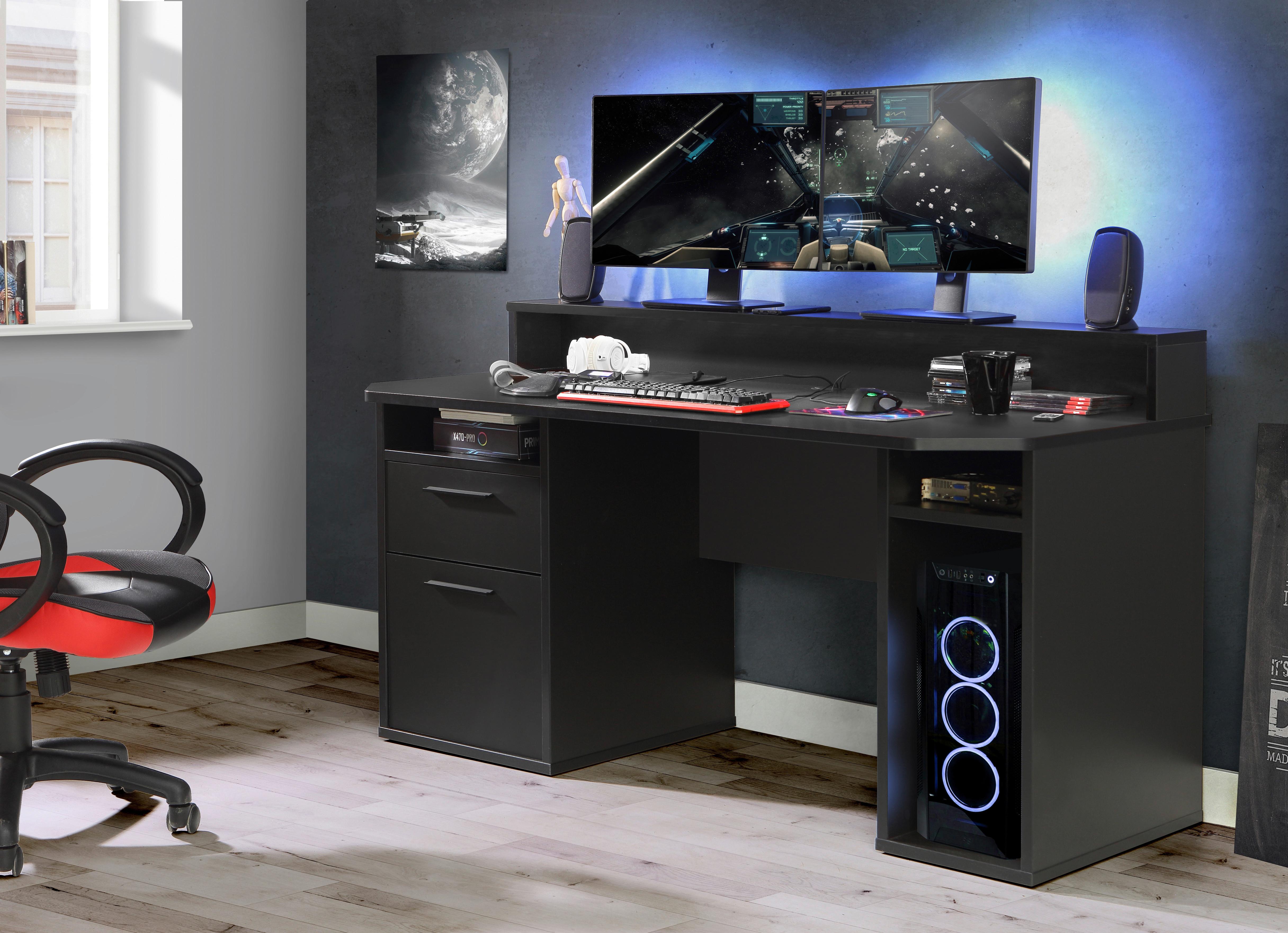 Gaming Tisch mit Stauraum und Aufsatz B 160cm H 91cm Tezaur - Schwarz, MODERN, Holzwerkstoff/Kunststoff (160/72/91cm) - MID.YOU