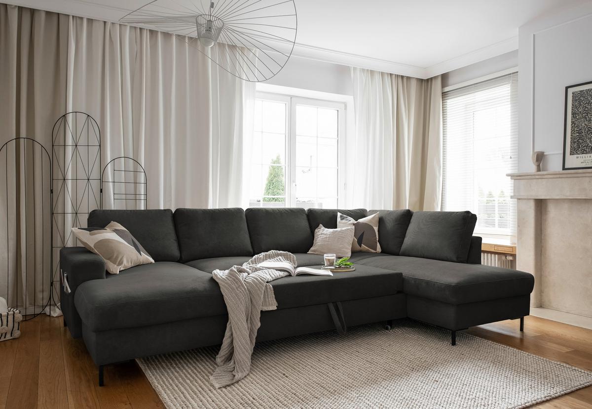 Sedačka LEONIE U, pravá, šedý manšestr - šedá/černá, Design, kov/dřevo (148/303/197cm)