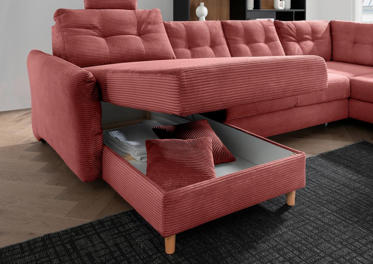 Wohnlandschaft Brizzini mit Schlaffunktion, Koralle - Koralle/Naturfarben, MODERN, Textil (176/338-352/206cm) - Livetastic