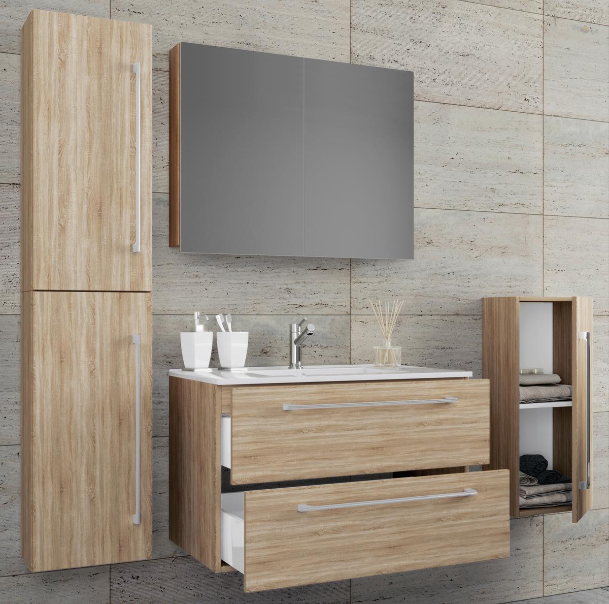 Badezimmer Badinos 5-Teilig Sonoma Eiche B: 146 cm - Weiß/Sonoma Eiche, MODERN, Keramik/Holzwerkstoff (147cm) - MID.YOU