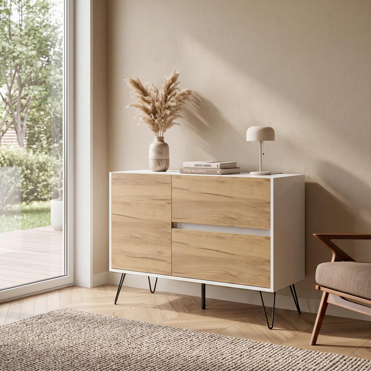Sideboard Posseik Industrial Weiß/Eichefarben B: 99 cm - Weiß Hochglanz/Eichefarben, Design, Holzwerkstoff (99/75,8/42cm) - MID.YOU