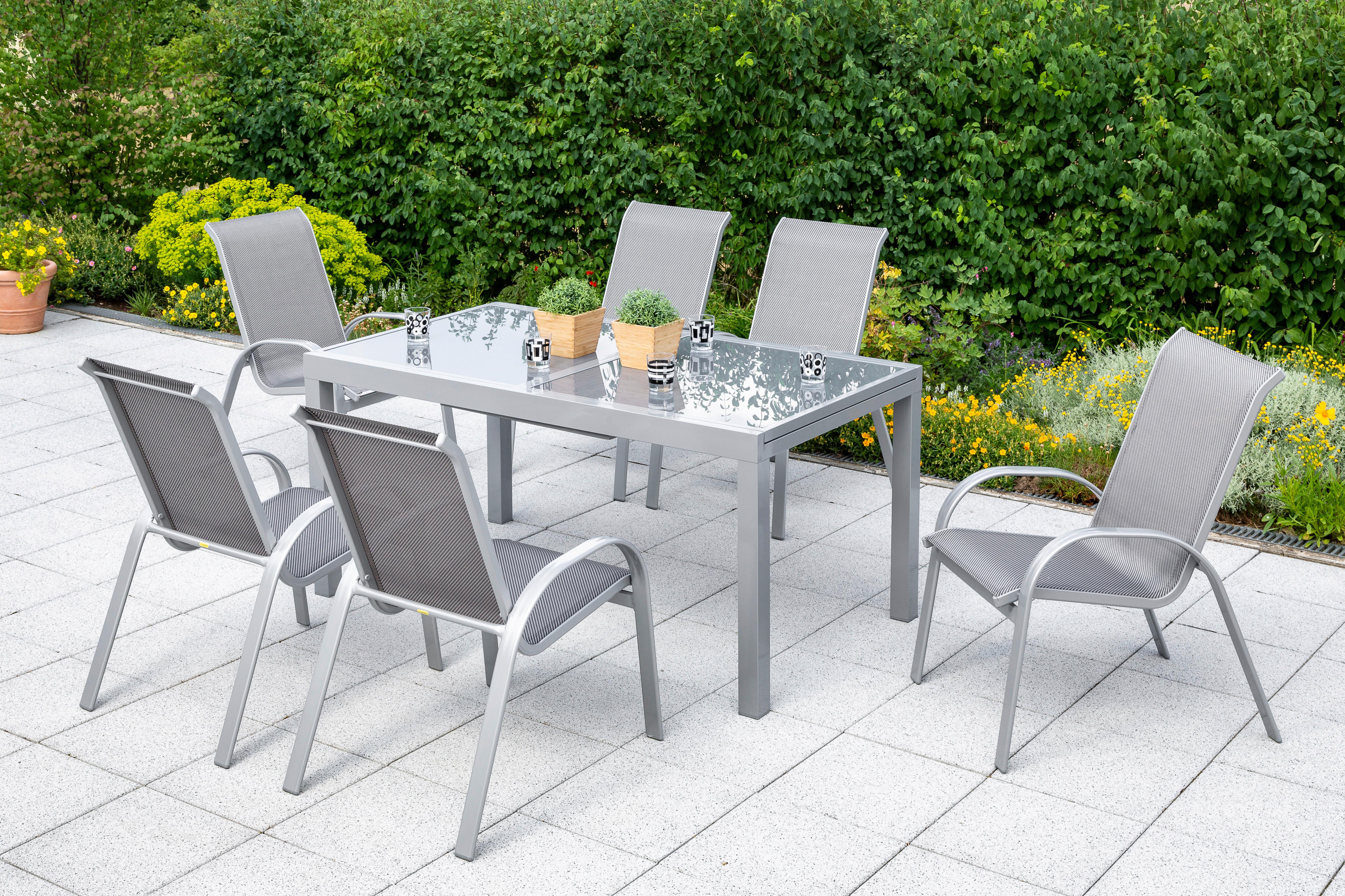 Gartengarnitur 7-Tlg. Amalfi Alu/Glas/Kunststoff - Silberfarben/Braun, KONVENTIONELL, Glas/Textil - Gardenson