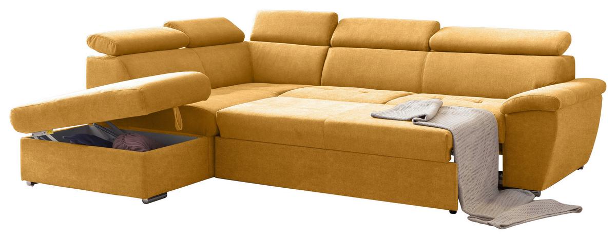 Ecksofa mit Schlaffunktion und Bettkasten Antero Currygelb - Chromfarben/Currygelb, Design, Textil (216/262cm) - Livetastic