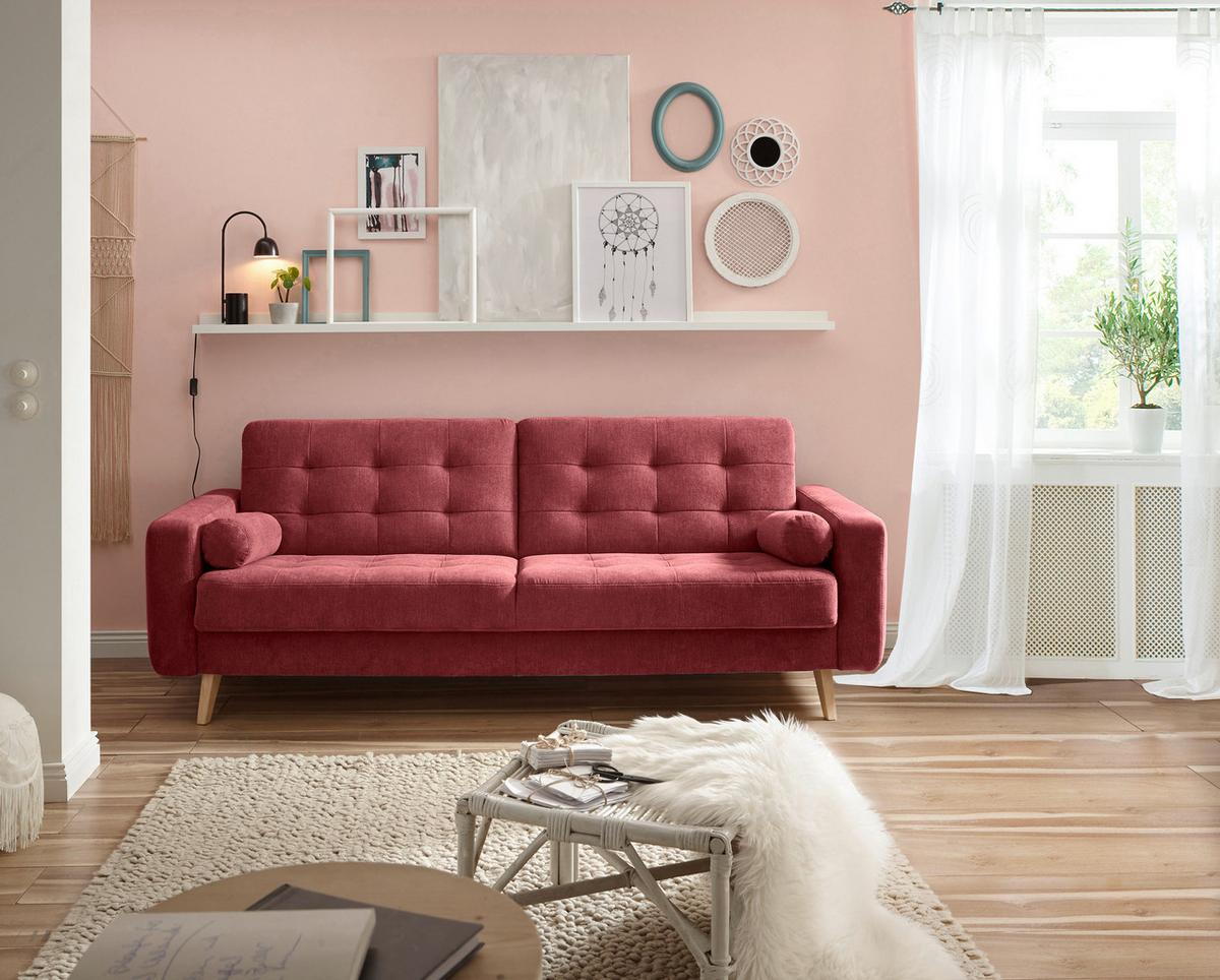 3-Sitzer-Sofa mit Schlaffunkt. + Bettkasten Fjord Beere - Beere/Eichefarben, MODERN, Holzwerkstoff/Textil (222/86/90cm) - MID.YOU