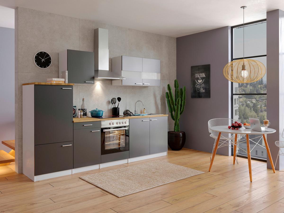 Küchenzeile ohne Geräte B: 270 cm Grau/Weiß/Nussbaum Dekor - Nussbaumfarben/Weiß, Basics, Holzwerkstoff (270/200/60cm) - Respekta