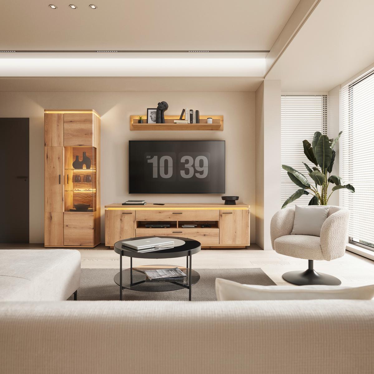 KOMODA POD TELEVIZI ALAMEDA -TOP- -BASED- - barvy dubu/antracitová, Moderní, kov/kompozitní dřevo (210/65/50cm) - Based