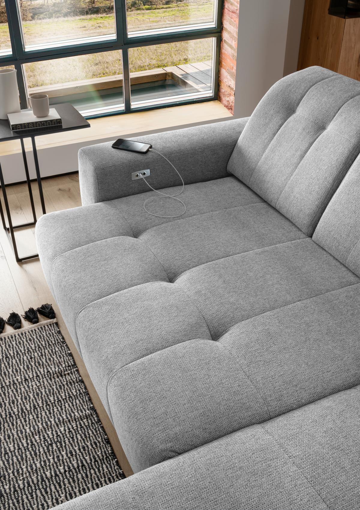 Ecksofa mit USB Anschluss Sano,silberfarben,s:258x180 cm - Silberfarben/Schwarz, MODERN, Textil (258/180cm) - Livetastic