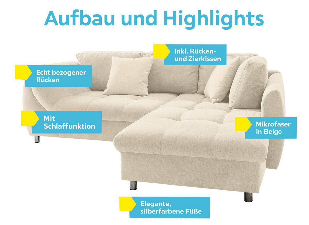 Ecksofa Mit Schlaffunktion Agira Beige 250x190cm - Chromfarben/Beige, Design, Textil (250/190cm) - Livetastic