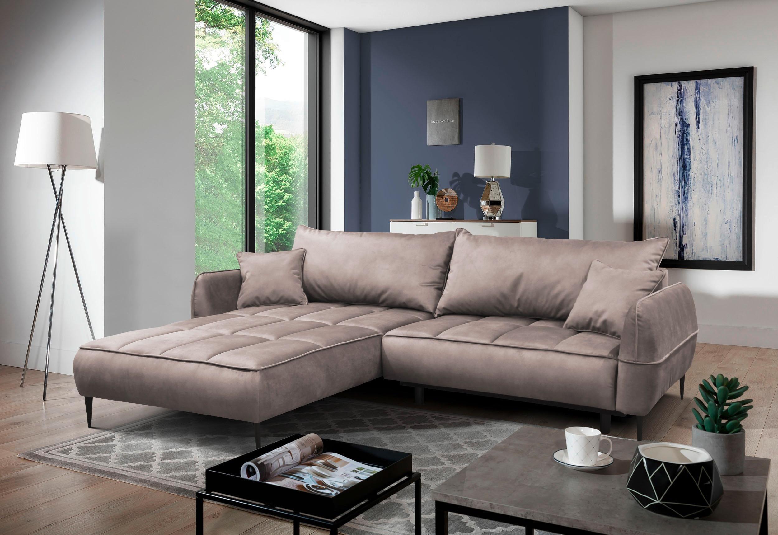 Ecksofa Mit Bettkasten Letto 189x260 Cm Velours Beige - Beige/Schwarz, Design, Textil (189/260cm) - MID.YOU