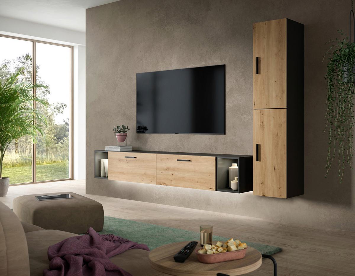 Wohnwand, The One 1, B: 259 cm Artisan Eiche Dekor/Grau - Schwarz/Eiche Artisan, Trend, Holzwerkstoff (259/182/34cm)