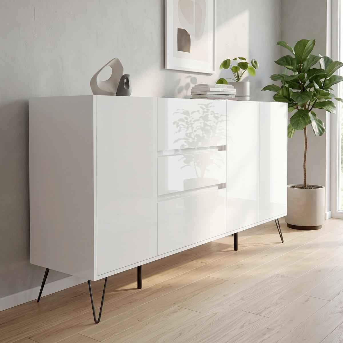 Sideboard Posseik Industrial Weiß B: 177 cm - Weiß Hochglanz/Schwarz, Design, Holzwerkstoff (177/93,6/42cm) - MID.YOU