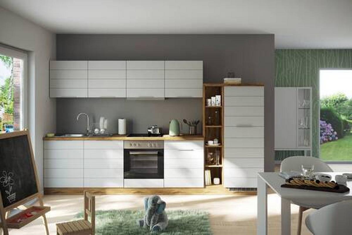 Küchenzeile Florenz mit Geräten 330 cm Weiß/Eichefarben - Eiche Wotan/Weiß, Design, Holzwerkstoff (330cm) - Held