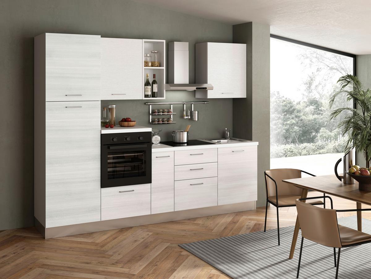 Küchenzeile Calliope Mit Kühlschrank 270 Cm Weiß - Eukalyptusholzfarben/Alufarben, LIFESTYLE, Holzwerkstoff/Kunststoff (270cm) - MID.YOU
