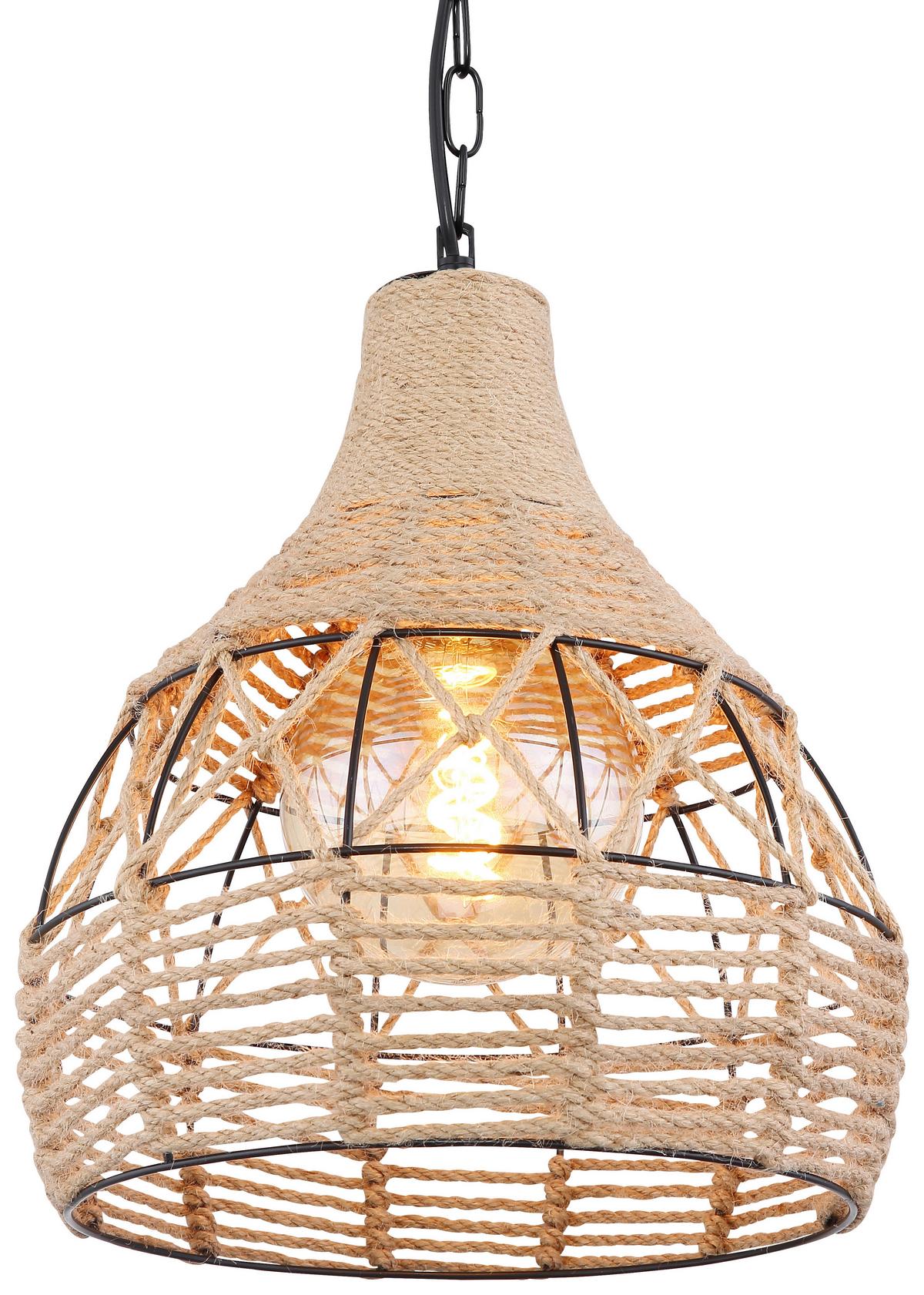 Hängeleuchte Halia H: 135 cm 1-Flammig, Hanfseil - Schwarz/Braun, Basics, Naturmaterialien/Metall (30/135cm) - Globo