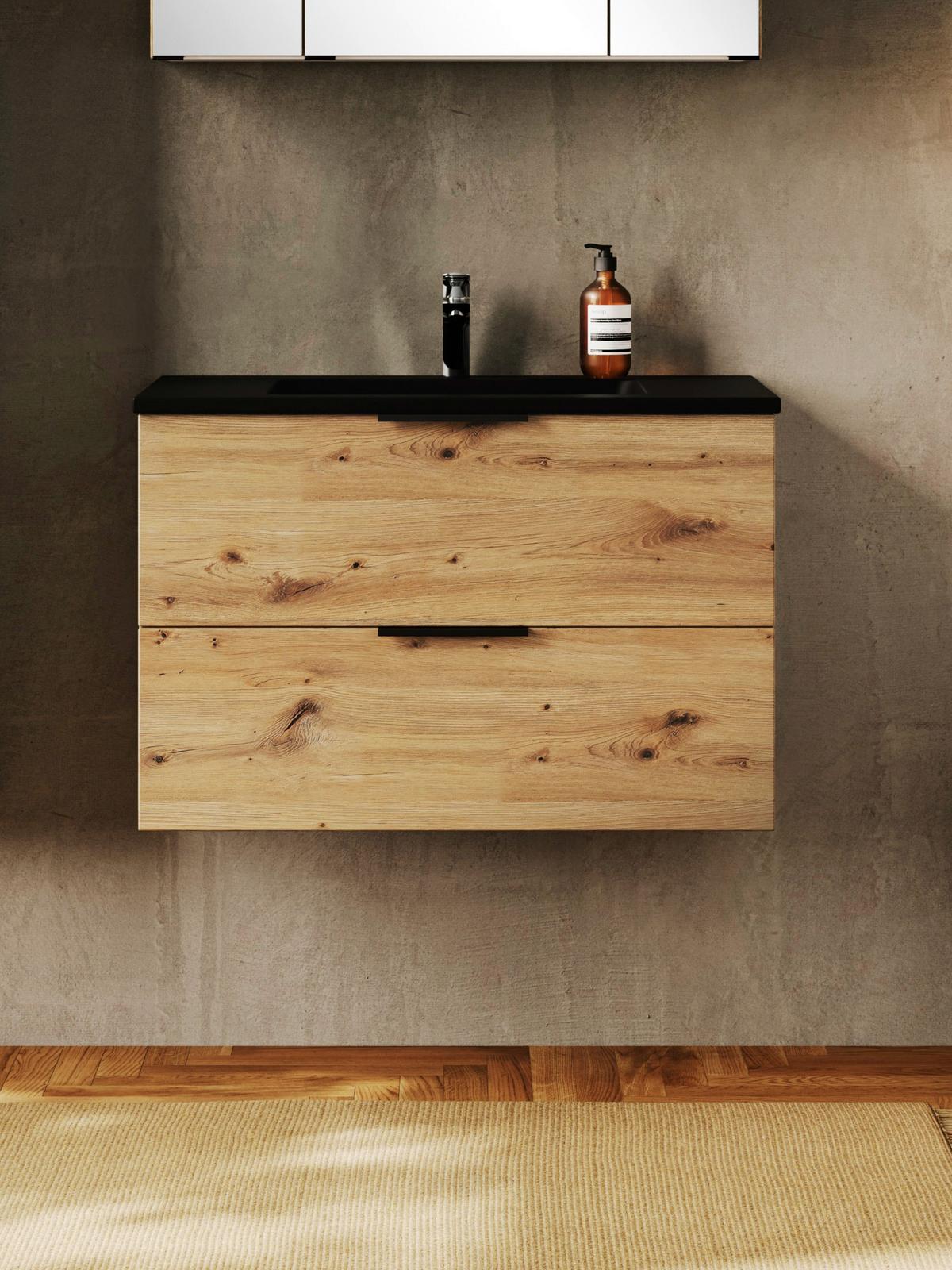 Waschtischkombi Sevilla Eiche Artisan, Schwarz - Schwarz/Eiche Artisan, MODERN, Keramik/Holzwerkstoff (80/54/47cm) - Held