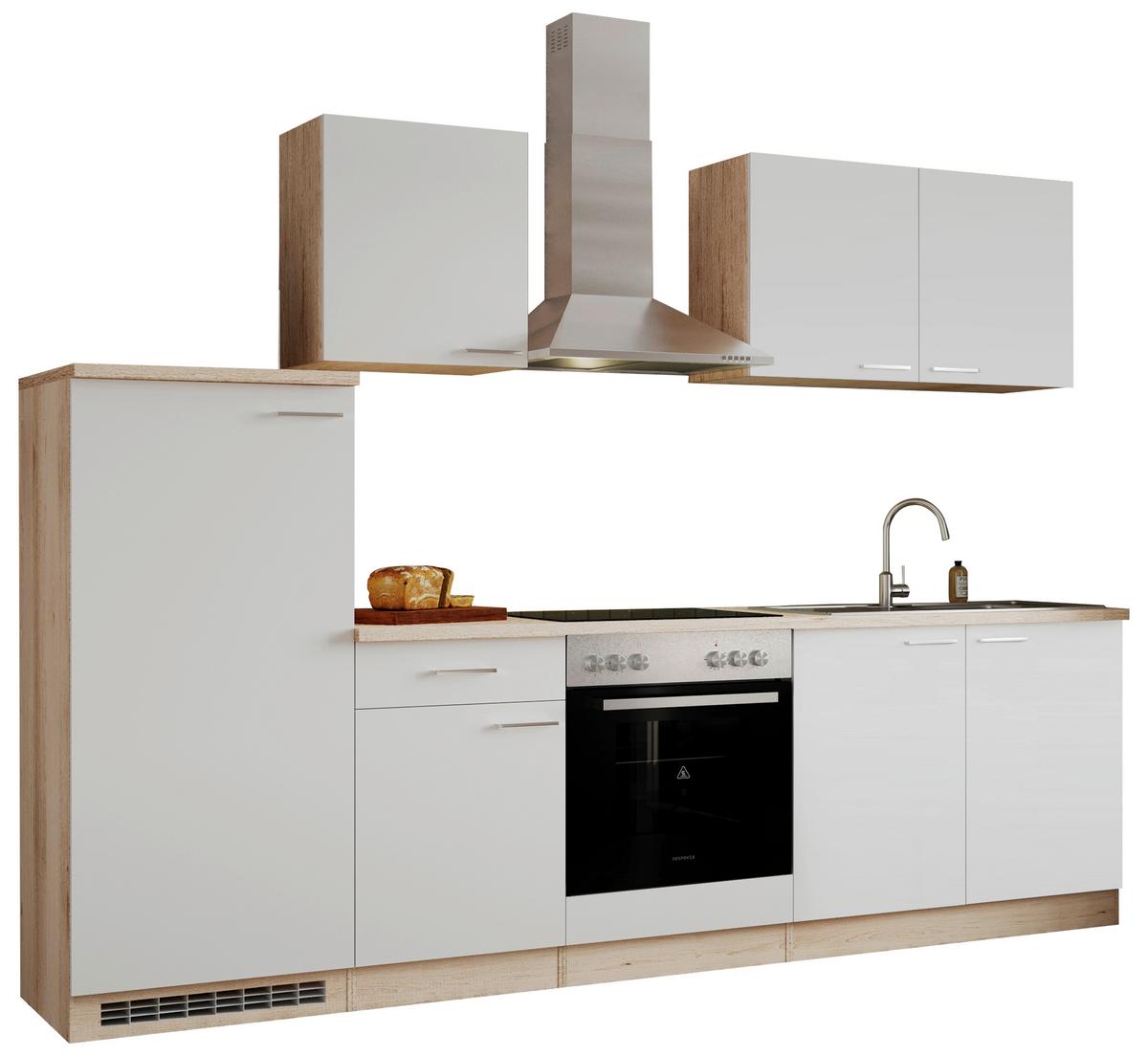 Küchenzeile Economy m. Geräten 270 cm Weiß/Eiche Dekor modern - Eichefarben/Weiß, Basics, Holzwerkstoff (270cm) - Respekta