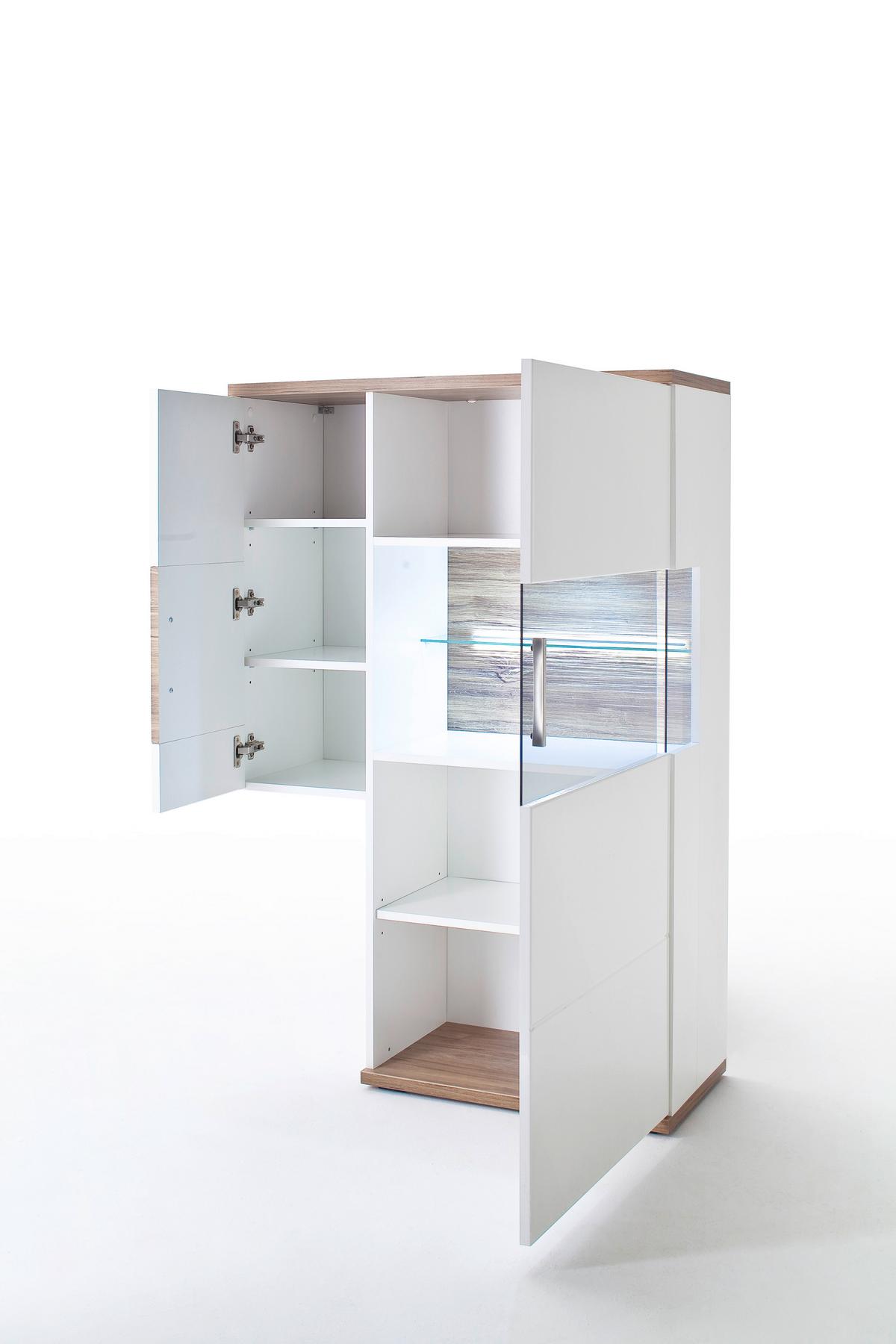 Highboard B: 90 cm Luzern Weiß/Eichefarben - Eichefarben/Weiß, Design, Glas/Holzwerkstoff (90/135/37cm) - Livetastic