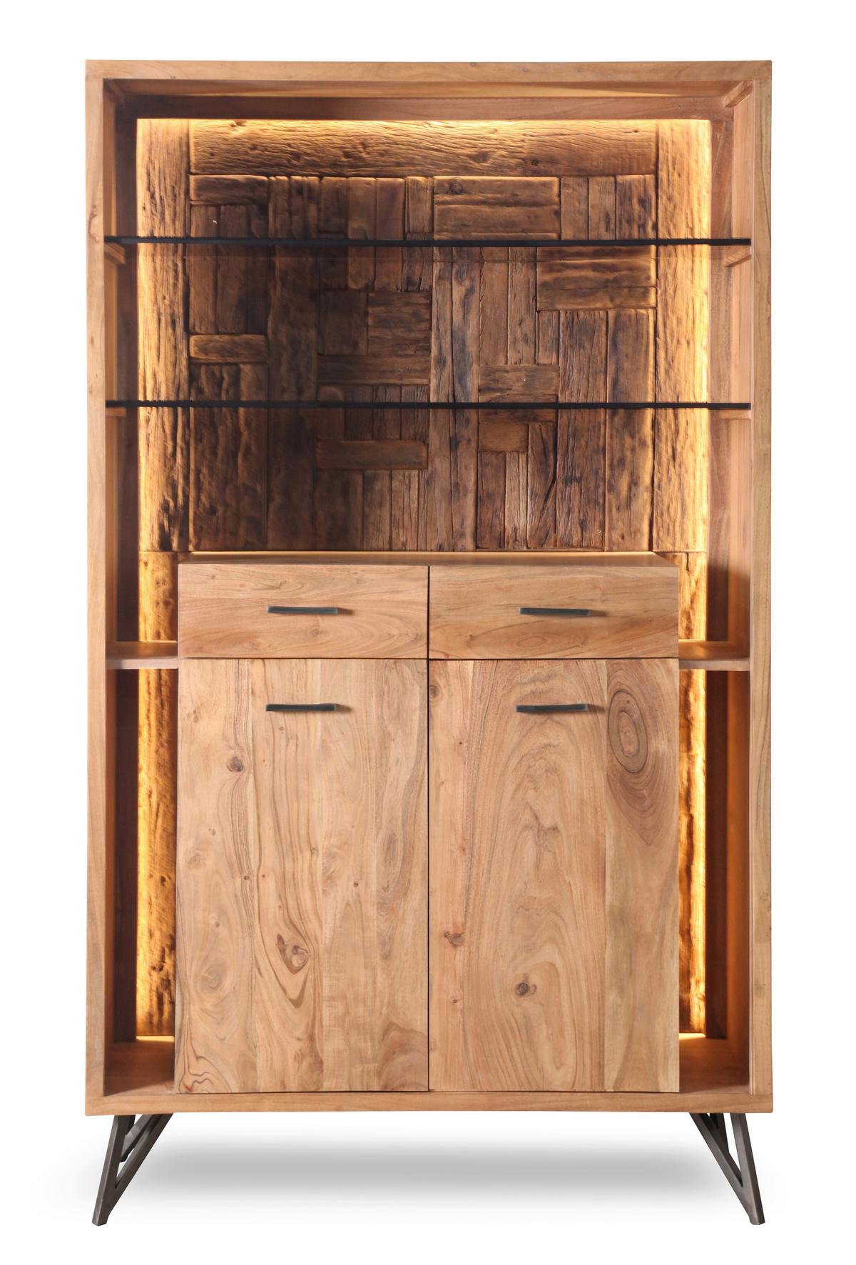 Vitrine Indira Akazie Massiv, B: 115 cm - Schwarz/Akaziefarben, ROMANTIK / LANDHAUS, Glas/Holz (115/195/40cm)